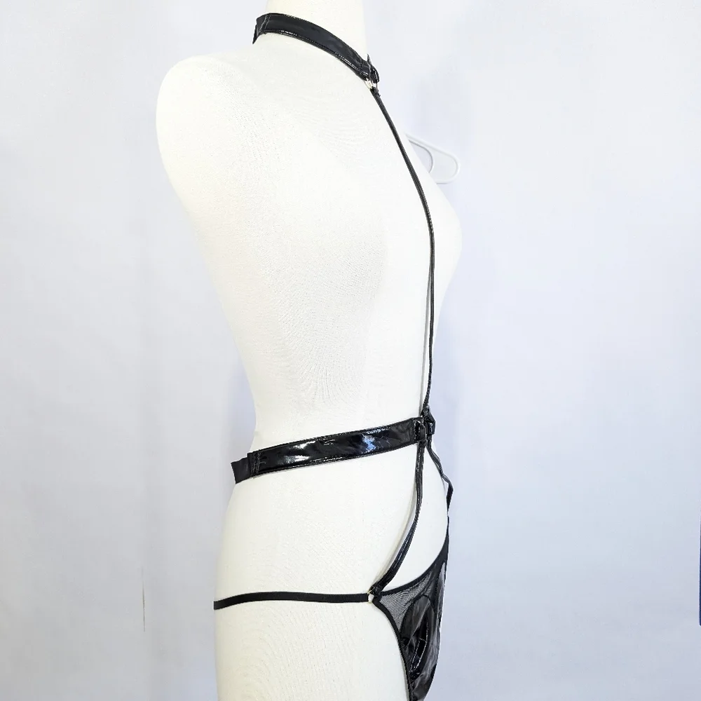 Victoria's Secret Lingerie New Choker Thong XL Faux Black Leather VS One Piece